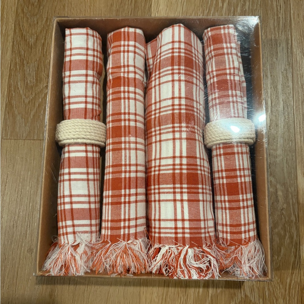Large Dinner Napkins Fall Plaid Fringed Set Of Napkins With 2 Rings New